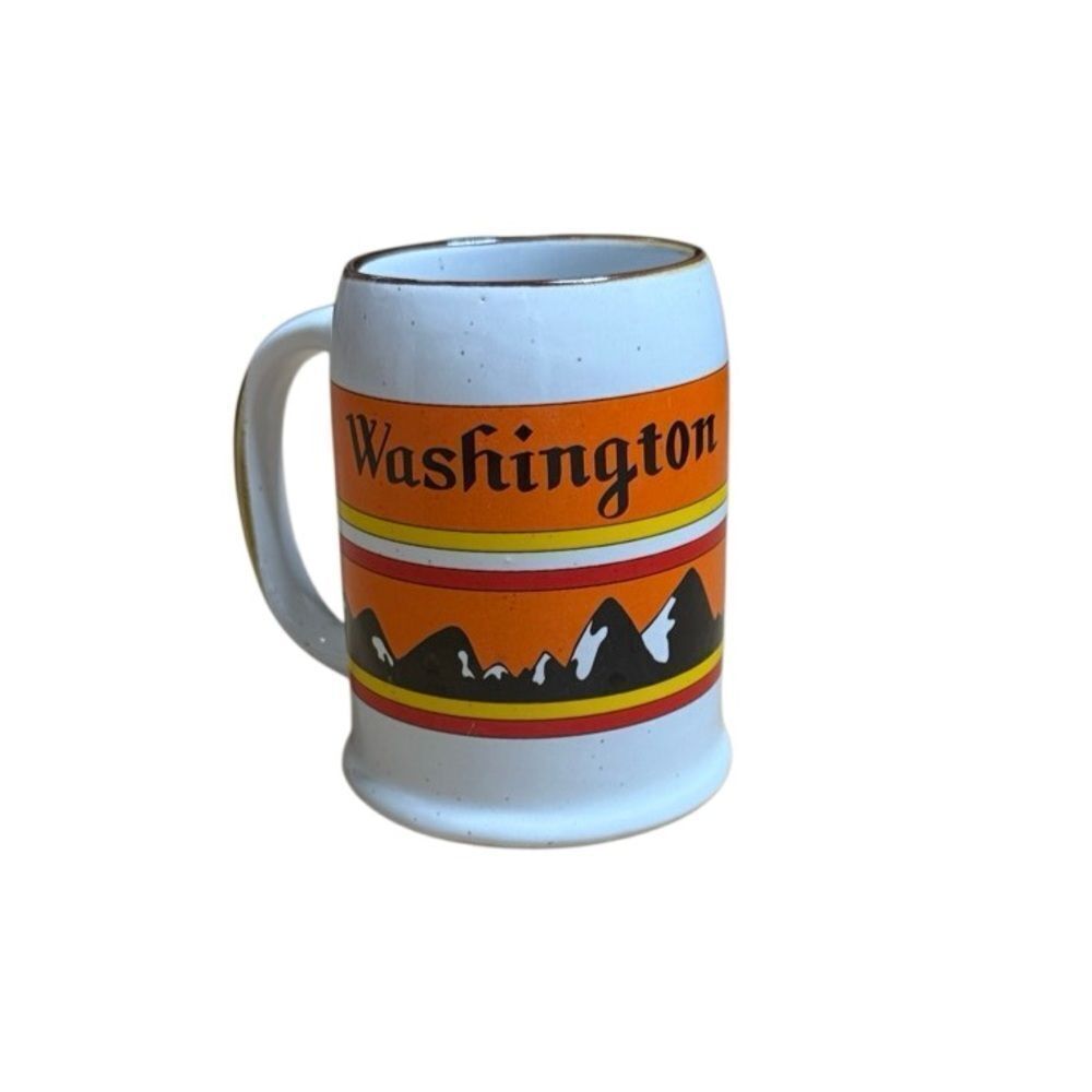 70s Vintage Washington State Stoneware Tourist Mug Oversized Orange and White